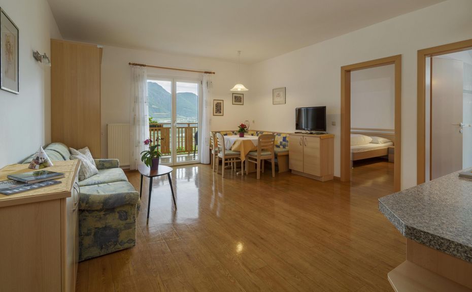 Cozy living room with wooden floor, a sofa, dining table, TV, and balcony with mountain view