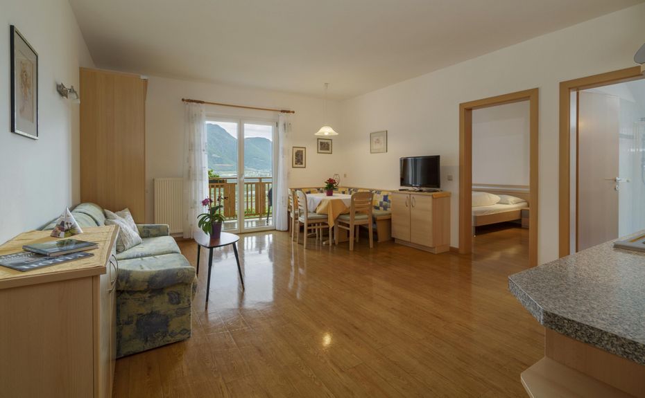 Soggiorno luminoso con divano, tavolo da pranzo, TV, cucina e porta finestra con vista sulle montagne.