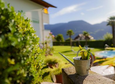 Annaffiatoio in giardino presso appartamenti vacanze Wieserhof Andriano, dettaglio ambiente 2024