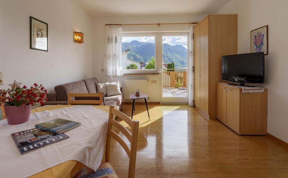 Bright living room with wooden floor, a dining table with chairs and flowers, a sofa, a TV cabinet, and a balcony door showing mountain views