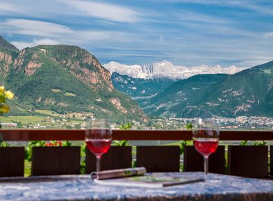 Vista panoramica sulle montagne e vigneti dal balcone degli appartamenti Wieserhof Andriano in Alto Adige